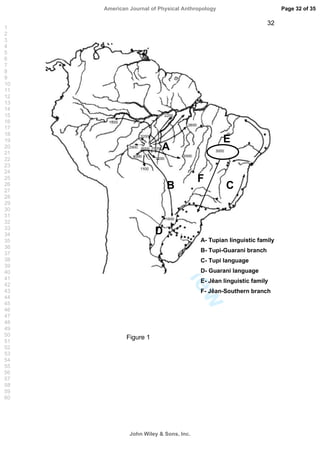ForPeerReview
32
A- Tupian linguistic family
B- Tupi-Guarani branch
C- Tupi language
D- Guarani language
E- Jêan linguistic family
F- Jêan-Southern branch
B
A
C
D
3000
E
F
Figure 1
Page 32 of 35
John Wiley  Sons, Inc.
American Journal of Physical Anthropology
1
2
3
4
5
6
7
8
9
10
11
12
13
14
15
16
17
18
19
20
21
22
23
24
25
26
27
28
29
30
31
32
33
34
35
36
37
38
39
40
41
42
43
44
45
46
47
48
49
50
51
52
53
54
55
56
57
58
59
60
 
