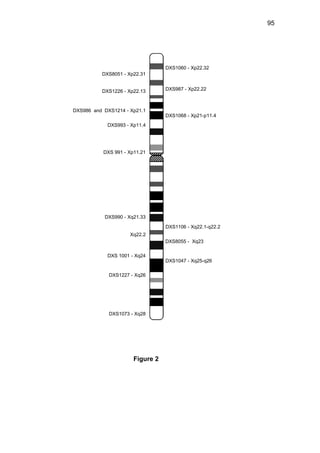 95
DXS990 - Xq21.33
Xq22.2
DXS1060 - Xp22.32
DXS8051 - Xp22.31
DXS1106 - Xq22.1-q22.2
DXS 991 - Xp11.21
DXS993 - Xp11.4
DXS1068 - Xp21-p11.4
DXS1226 - Xp22.13 DXS987 - Xp22.22
DXS8055 - Xq23
DXS 1001 - Xq24
DXS1047 - Xq25-q26
DXS1227 - Xq26
DXS1073 - Xq28
DXS986 and DXS1214 - Xp21.1
Figure 2
 