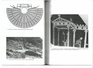 34. Planta do teatro de Epidauro, que podia abrigar em tomo de 14.000 espectadores.

36. Fragmento de vaso de Tarento. À esquerda, ala da cena, paraskenion,
sustentado por colunas esguias. século IV a.C. (Würzburg, Martín-von-Wagner

35. Teatro de Delfos, construído no século 11a.C. Na base, as ruínas do templo de ApoIo.

com entablamento ricamente decorado,
Museum).

 
