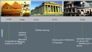 15:00h 15:05h 15:07h 15:10h 15:20h 
Literacia 
Histórica 
A importância da 
História no currículo 
vs 
Recursos 
Digitais 
Mobile Learning 
Educar para o Património 
Aprender História 
no século XXI 
- desafios prof. vs. 
alunos 
sumário 
2 Propostas 
 