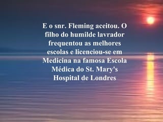 E o snr. Fleming aceitou. O 
filho do humilde lavrador 
frequentou as melhores 
escolas e licenciou-se em 
Medicina na famosa Escola 
Médica do St. Mary's 
Hospital de Londres 
 