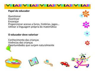 Papel do educador
Questionar
Incentivar
Encorajar
Proporcionar acesso a livros, histórias, jogos…
Utilizar a linguagem própria da matemática

O educador deve valorizar
Conhecimento das crianças
Vivências das crianças
Oportunidades que surjam naturalmente
 