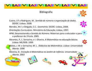 Bibliografia


Castro, J.P. e Rodrigues, M.. Sentido de número e organização de dados.
   DGIDC: Lisboa. 2008.
Mendes, M.F. e Delgado, C.C.. Geometria. DGIDC: Lisboa,.2008.
Orientações Curriculares. Ministério da Educação, Lisboa,.1997.
APM, Desenvolvendo o Sentido do Número. Materiais para o educador e para
   o professor do 1ºciclo. 2005.
Abrantes, P., L. Serrazina, e I. Oliveira. A Matemática na educação básica.
   Lisboa: ME/DEB. 1999
Matos, J. M. e Serrazina, M. L.. Didáctica da Matemática. Lisboa: Universidade
   Aberta. 1996
Moreira, D.. Iniciação à Matemática no Jardim de Infância. Universidade
   Aberta. 2003
 