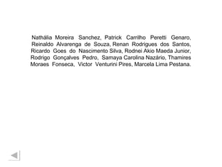 Nathália  Moreira  Sanchez,  Patrick  Carrilho  Peretti  Genaro, Reinaldo  Alvarenga  de  Souza, Renan  Rodrigues  dos  Santos, Ricardo  Goes  do  Nascimento Silva, Rodnei Akio Maeda Junior, Rodrigo  Gonçalves  Pedro,  Samaya Carolina Nazário, Thamires Moraes  Fonseca,  Victor  Venturini Pires, Marcela Lima Pestana. 