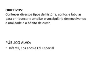 OBJETIVOS:
Conhecer diversos tipos de história, contos e fábulas
para enriquecer e ampliar o vocabulário desenvolvendo
a oralidade e o hábito de ouvir.
PÚBLICO ALVO:
• Infantil, 1os anos e Ed. Especial