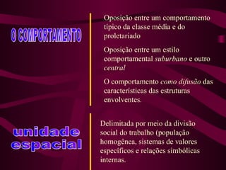 O COMPORTAMENTO Oposição entre um comportamento típico da classe média e do proletariado Oposição entre um estilo comportamental  suburbano  e outro  central O comportamento  como difusão  das características das estruturas envolventes. unidade espacial Delimitada por meio da divisão social do trabalho (população homogênea, sistemas de valores específicos e relações simbólicas internas. 