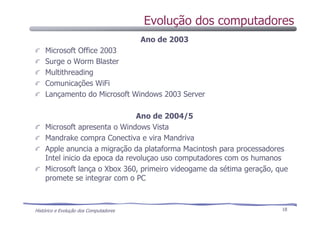 Histórico e Evolução dos Computadores 18
Ano de 2003
Microsoft Office 2003
Surge o Worm Blaster
Multithreading
Comunicações WiFi
Lançamento do Microsoft Windows 2003 Server
Ano de 2004/5
Microsoft apresenta o Windows Vista
Mandrake compra Conectiva e vira Mandriva
Apple anuncia a migração da plataforma Macintosh para processadores
Intel inicio da epoca da revoluçao uso computadores com os humanos
Microsoft lança o Xbox 360, primeiro videogame da sétima geração, que
promete se integrar com o PC
Evolução dos computadores
 