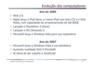 Histórico e Evolução dos Computadores 19
Ano de 2006
Web 2.0
Apple lança o iPod Nano, o menor iPod com tela LCD e o iPod
Video, com capacidade de armazenamento de até 80GB
Lançado o Playstation 3 (Sony)
Lançado o Wii (Nintendo i)
Microsoft lança o Windows Vista para uso corporativo
Ano de 2007
Microsoft lança o Windows Vista a uso doméstico
Aumenta rivalidade SUN X MicroSoft
IE deixa de dar suporte a JavaScript
Evolução dos computadores
 