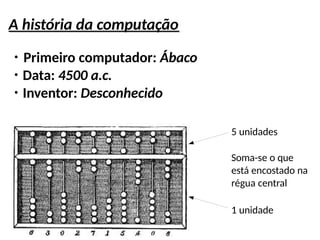 A história da computação
●
Primeiro computador: Ábaco
●
Data: 4500 a.c.
●
Inventor: Desconhecido
5 unidades
Soma-se o que
está encostado na
régua central
1 unidade
 
