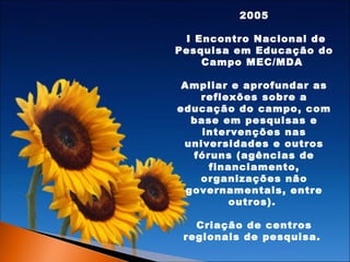 2005
I Encontro Nacional de
Pesquisa em Educação do
Campo MEC/MDA
Ampliar e aprofundar as
reflexões sobre a
educação do campo, com
base em pesquisas e
intervenções nas
universidades e outros
fóruns (agências de
financiamento,
organizações não
governamentais, entre
outros).
Criação de centros
regionais de pesquisa.

 