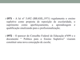 1971 - A lei nº 5.692 (BRASIL,1971) regulamenta o ensino
supletivo como proposta de reposição de escolaridade, o
suprimento como aperfeiçoamento, a aprendizagem e
qualificação sinalizando para a profissionalização;
1972 – O parecer do Conselho Federal de Educação nº699 e o
documento “ Política para o Ensino Supletivo” visaram
constituir uma nova concepção de escola;
 