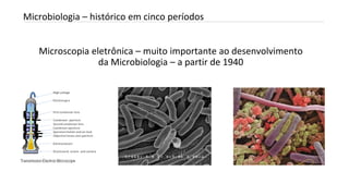 Microscopia eletrônica – muito importante ao desenvolvimento
da Microbiologia – a partir de 1940
INTRODUÇÃO A MICROBIOLOGIA 04/04/2022 10
Microbiologia – histórico em cinco períodos
 