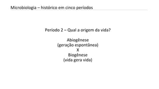 Período 2 – Qual a origem da vida?
Abiogênese
(geração espontânea)
X
Biogênese
(vida gera vida)
INTRODUÇÃO A MICROBIOLOGIA 04/04/2022 11
Microbiologia – histórico em cinco períodos
 