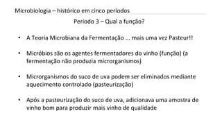 Período 3 – Qual a função?
INTRODUÇÃO A MICROBIOLOGIA 04/04/2022 17
Microbiologia – histórico em cinco períodos
• A Teoria Microbiana da Fermentação ... mais uma vez Pasteur!!
• Micróbios são os agentes fermentadores do vinho (função) (a
fermentação não produzia microrganismos)
• Microrganismos do suco de uva podem ser eliminados mediante
aquecimento controlado (pasteurização)
• Após a pasteurização do suco de uva, adicionava uma amostra de
vinho bom para produzir mais vinho de qualidade
 
