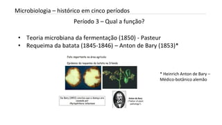 Período 3 – Qual a função?
INTRODUÇÃO A MICROBIOLOGIA 04/04/2022 18
Microbiologia – histórico em cinco períodos
• Teoria microbiana da fermentação (1850) - Pasteur
• Requeima da batata (1845-1846) – Anton de Bary (1853)*
* Heinrich Anton de Bary –
Médico-botânico alemão
 