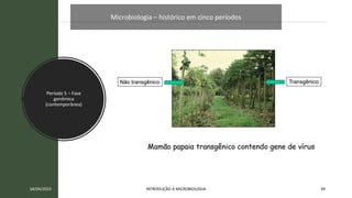 Microbiologia – histórico em cinco períodos
Período 5 – Fase
genômica
(contemporânea)
INTRODUÇÃO A MICROBIOLOGIA
04/04/2022 39
 