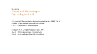 Literatura
Tortora et al. Microbiologia -
Cap. 1 – Páginas 7 a 21
Pelczar et al. Microbiologia – Conceitos e Aplicações. 1996. Vol. 1.
Prólogo – Descobrindo o mundo microbiano
Cap. 2 – Objetivos da microbiologia
Madigan et al. Microbiologia de Brock. 2004.
Cap. 1 – Microrganismos e microbiologia
Cap. 2 – Uma visão geral da vida microbiana
 