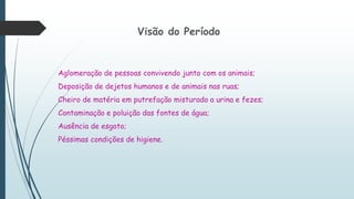 Visão do Período
Aglomeração de pessoas convivendo junto com os animais;
Deposição de dejetos humanos e de animais nas ruas;
Cheiro de matéria em putrefação misturado a urina e fezes;
Contaminação e poluição das fontes de água;
Ausência de esgoto;
Péssimas condições de higiene.
 