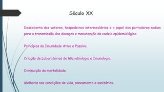 Século XX
Descoberta dos vetores, hospedeiros intermediários e o papel dos portadores sadios
para a transmissão das doenças e manutenção da cadeia epidemiológica.
Princípios da Imunidade Ativa e Passiva.
Criação de Laboratórios de Microbiologia e Imunologia.
Diminuição da mortalidade.
Melhoria nas condições de vida, saneamento e sanitárias.
 