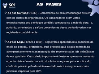 AS FASES
 A Fase Contábil: (1930) - Caracterizou-se pela preocupação existente
com os custos da organização. Os trabalhadores eram vistos
exclusivamente sob o enfoque contábil: comprava-se a mão de obra, e,
portanto, as entradas e saídas provenientes dessa conta deveriam ser
registradas contabilmente.
 A Fase Legal: (1930 a 1950) - Registrou o aparecimento da função de
chefe de pessoal, profissional cuja preocupação estava centrada no
acompanhamento e na manutenção das recém-criadas leis trabalhistas
da era getulista. Outro dado importante é destacar que neste momento
o poder deixa de estar na mão dos feitores e passa para as mãos do
chefe de pessoal pelo domínio exercido sobre as regras e normas
jurídicas impostas pela CLT.
 