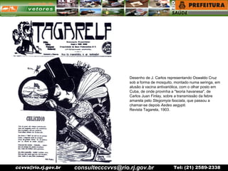 ccvvs@rio.rj.gov.br Tel: (21) 2589-2338
Desenho de J. Carlos representando Oswaldo Cruz
sob a forma de mosquito, montado numa seringa, em
alusão à vacina antivariólica, com o olhar posto em
Cuba, de onde provinha a "teoria havanesa", de
Carlos Juan Finlay, sobre a transmissão da febre
amarela pelo Stegomyia fasciata, que passou a
chamar-se depois Aedes aegypti.
Revista Tagarela, 1903.
consultecccvvs@rio.rj.gov.br
 