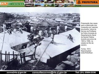 ccvvs@rio.rj.gov.br Tel: (21) 2589-2338
Preparação das casas
para a destruição dos
mosquitos por vapores
de enxofre, rotina do
Serviço de Profilaxia
de Febre Amarela do
Departamento Geral
de Saúde Pública
durante aos anos de
1903 e 1906, na
cidade do Rio de
Janeiro.
Torres, 1913.
Reproduções/
COC/FIOCRUZ
consultecccvvs@rio.rj.gov.br
 