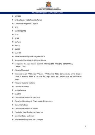 UNIVERSIDADE DO ESTADO DO PARÁ
                              DIRETORIA DE PLANEJAMENTO ESTRATÉGICO

                      RELATÓRIO TÁTICO DO CAMPUS DE ALTAMIRA

SINTEPP
Sindicato dos Trabalhadores Rurais
Câmara de Dirigentes Logistas
SEEL
ELETRONORTE
SESI
SENAI
CEPLAC
INCRA
IBAMA
EMATER
Secretaria Municipal de Viação E Obras
Secretaria Municipal de Meio Ambiente
Secretaria de Ação Social (CEPRO, PRÓ-JOVEM, PROJETO ESPERANÇA,
CRAS e CCMI)
Câmara Municipal
Imprensa Local: TV Liberal, TV Líder , TV Altamira, Rádio Comunitária, Jornal Dicas e
Fatos, A Notícia, Rádio e TV Vale do Xingu, Setor de Comunicação da Prelazia do
Xingu
Tribunal Regional Eleitoral
Tribunal de Justiça
Justiça Federal
SEJUDH
Conselho Municipal de Educação
Conselho Municipal da Criança e do Adolescente
Conselho Tutelar
Conselho Municipal de Saúde
Fundação Viver Produzir e Preservar
Movimento de Mulheres
Movimento Xingu Vivo Para Sempre


                                                                                        8
 