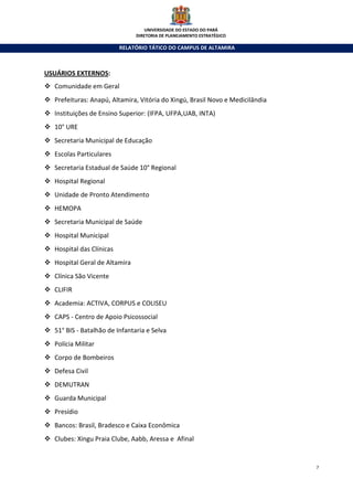 UNIVERSIDADE DO ESTADO DO PARÁ
                               DIRETORIA DE PLANEJAMENTO ESTRATÉGICO

                          RELATÓRIO TÁTICO DO CAMPUS DE ALTAMIRA



USUÁRIOS EXTERNOS:
  Comunidade em Geral
  Prefeituras: Anapú, Altamira, Vitória do Xingú, Brasil Novo e Medicilândia
  Instituições de Ensino Superior: (IFPA, UFPA,UAB, INTA)
  10° URE
  Secretaria Municipal de Educação
  Escolas Particulares
  Secretaria Estadual de Saúde 10° Regional
  Hospital Regional
  Unidade de Pronto Atendimento
  HEMOPA
  Secretaria Municipal de Saúde
  Hospital Municipal
  Hospital das Clínicas
  Hospital Geral de Altamira
  Clínica São Vicente
  CLIFIR
  Academia: ACTIVA, CORPUS e COLISEU
  CAPS - Centro de Apoio Psicossocial
  51° BIS - Batalhão de Infantaria e Selva
  Polícia Militar
  Corpo de Bombeiros
  Defesa Civil
  DEMUTRAN
  Guarda Municipal
  Presídio
  Bancos: Brasil, Bradesco e Caixa Econômica
  Clubes: Xingu Praia Clube, Aabb, Aressa e Afinal


                                                                               7
 