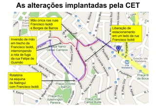 As alterações implantadas pela CET Mão única nas ruas Francisco Isoldi e Borges de Barros Inversão de mão em trecho da Francisco Isoldi, interrompendo  a rota de fuga  da rua Felipe de Gusmão Liberação de estacionamento  em um lado da rua Francisco Isoldi Rotatória  na esquina  da Natingui  com Francisco Isoldi 