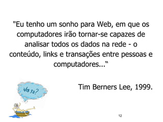 "Eu tenho um sonho para Web, em que os
computadores irão tornar-se capazes de
analisar todos os dados na rede - o
conteúdo, links e transações entre pessoas e
computadores...“
Tim Berners Lee, 1999.
12
 