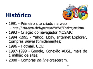 Histórico
• 1991 - Primeiro site criado na web
– http://info.cern.ch/hypertext/WWW/TheProject.html
• 1993 - Criação do navegador MOSAIC
• 1994 -1995 - Yahoo, Ebay, Internet Explorer,
Compras online (timidamente);
• 1996 - Hotmail, UOL;
• 1997-1999 - Google, Conexão ADSL, mais de
1 milhão de sites;
• 2000 - Compras on-line cresceram.
6
 