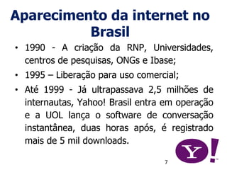 Aparecimento da internet no
Brasil
• 1990 - A criação da RNP, Universidades,
centros de pesquisas, ONGs e Ibase;
• 1995 – Liberação para uso comercial;
• Até 1999 - Já ultrapassava 2,5 milhões de
internautas, Yahoo! Brasil entra em operação
e a UOL lança o software de conversação
instantânea, duas horas após, é registrado
mais de 5 mil downloads.
 