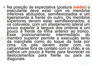 • Na posição de expectativa (postura média) o 
executante deve estar com os membros 
inferiores abduzidos, semiflexionados e um 
ligeiramente à frente do outro. Os membros 
superiores devem estar semiflexionados, e 
os cotovelos, com um afastamento lateral um 
pouco superior à largura dos ombros e um 
pouco à frente da linha anterior ao tronco. 
Esse posicionamento intermediário do 
membro superior permite a execução tanto 
da manchete como do toque da bola por 
cima. Os pés devem estar com os 
calcanhares fora de contato com o chão, e os 
joelhos um pouco à frente para favorecer os 
deslocamentos para frente ou para as 
diagonais. 
 