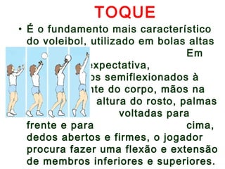 TOQUE 
• É o fundamento mais característico 
do voleibol, utilizado em bolas altas 
e médias. Em 
posição de expectativa, 
cotovelos semiflexionados à 
frente do corpo, mãos na 
altura do rosto, palmas 
voltadas para 
frente e para cima, 
dedos abertos e firmes, o jogador 
procura fazer uma flexão e extensão 
de membros inferiores e superiores. 
 