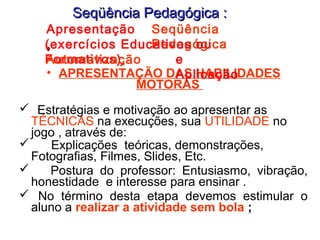 SSeeqqüüêênncciiaa PPeeddaaggóóggiiccaa :: 
Apresentação 
,, 
Seqüência 
(exercícios EducPaetidvoasg óogui ca 
FAourtmomataivtiozsa)ç,ão e 
• APRESENTAÇÃO DAS HABILIDADES 
Aplicação 
MOTORAS 
 Estratégias e motivação ao apresentar as 
TÉCNICAS na execuções, sua UTILIDADE no 
jogo , através de: 
 Explicações teóricas, demonstrações, 
Fotografias, Filmes, Slides, Etc. 
 Postura do professor: Entusiasmo, vibração, 
honestidade e interesse para ensinar . 
 No término desta etapa devemos estimular o 
aluno a realizar a atividade sem bola ; 
 