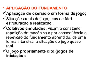 • APLICAÇÃO DO FUNDAMENTO 
Aplicação do exercício em forma de jogo; 
Situações reais de jogo, mas de fácil 
estruturação e realização . 
Coletivos simulados: visam a constante 
repetição da mecânica e por conseqüência a 
repetição do fundamento aprendido, de uma 
forma intensiva, a situação do jogo quase 
real. 
O jogo propriamente dito (jogos de 
iniciação): 
 