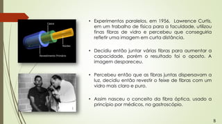 • Experimentos paralelos, em 1956, Lawrence Curtis,
em um trabalho de física para a faculdade, utilizou
finas fibras de vidro e percebeu que conseguiria
refletir uma imagem em curta distância.
• Decidiu então juntar várias fibras para aumentar a
capacidade, porém o resultado foi o oposto. A
imagem despareceu.
• Percebeu então que as fibras juntas dispersavam a
luz, decidiu então revestir o feixe de fibras com um
vidro mais claro e puro.
• Assim nasceu o conceito da fibra óptica, usado a
princípio por médicos, no gastroscópio.
B
 