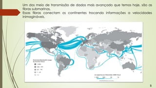 Um dos meio de transmissão de dados mais avançado que temos hoje, são as
fibras submarinas.
Essas fibras conectam os continentes trocando informações a velocidades
inimagináveis.
B
 