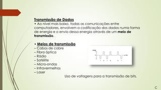 Transmissão de Dados
• Ao nível mais baixo, todas as comunicações entre
computadores, envolvem a codificação dos dados numa forma
de energia e o envio dessa energia através de um meio de
transmissão.
• Meios de transmissão
– Cabos de cobre
– Fibra óptica
– Rádio
– Satélite
– Micro-ondas
– Infravermelhos
– Laser
Uso de voltagens para a transmissão de bits.
C
 