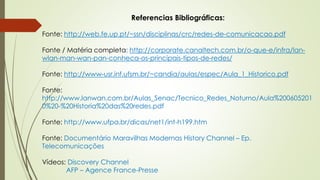 Referencias Bibliográficas:
Fonte: http://web.fe.up.pt/~ssn/disciplinas/crc/redes-de-comunicacao.pdf
Fonte / Matéria completa: http://corporate.canaltech.com.br/o-que-e/infra/lan-
wlan-man-wan-pan-conheca-os-principais-tipos-de-redes/
Fonte: http://www-usr.inf.ufsm.br/~candia/aulas/espec/Aula_1_Historico.pdf
Fonte:
http://www.lanwan.com.br/Aulas_Senac/Tecnico_Redes_Noturno/Aula%200605201
0%20-%20Historia%20das%20redes.pdf
Fonte: http://www.ufpa.br/dicas/net1/int-h199.htm
Fonte: Documentário Maravilhas Modernas History Channel – Ep.
Telecomunicações
Vídeos: Discovery Channel
AFP – Agence France-Presse
 