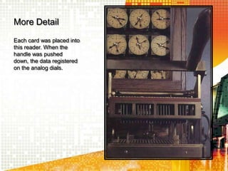 More Detail
Each card was placed into
this reader. When the
handle was pushed
down, the data registered
on the analog dials.
 