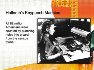 Hollerith's Keypunch Machine
All 62 million
Americans were
counted by punching
holes into a card
from the census
forms.
 