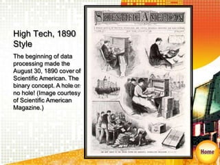 High Tech, 1890
Style
The beginning of data
processing made the
August 30, 1890 cover of
Scientific American. The
binary concept. A hole or
no hole! (Image courtesy
of Scientific American
Magazine.)
 