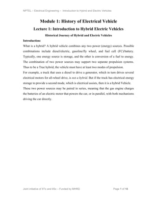 History and development of Electric vehicles and basics | PDF