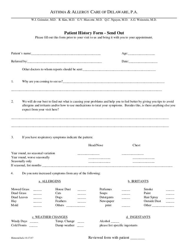 patient history form send out allergy form