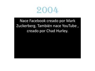 2004
  Nace Facebook creado por Mark
Zuckerberg. También nace YouTube ,
     creado por Chad Hurley.
 