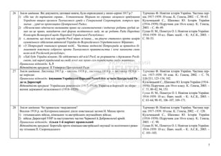 26 Зміст завдання: Які документи, цитовані нижче, були оприлюднені у липні–серпні 1917 р.?
1) «На час до вирішення справи... Установчими Зборами по справах місцевого врядування
Україною вищим органом Тимчасового уряду є Генеральний Секретаріат, котрого при-
значає ...уряд по пропозиціям Центральної Ради»;
2) «Неможливо одночасно визнавати право на самовизначення і водночас робити грубий за-
мах на це право, накадаючи свої форми політичного ладу, як це робить Рада Народних
Комісарів Великоросії щодо Народної Української Республіки»;
3) «...визнаючи, що доля всіх народів Росії міцно зв’язана..., ми рішуче ставимось проти замірів
самовільного здійснення автономії України до Всеросійського Учредительного Зібрання»;
4) «У Петрограді зчинилися криваві події... Частина людності Петрограда за приводом бі-
льшовиків повстала озброєно проти Тимчасового правительства і хоче накинути свою
волю всій Російській республіці»;
5) «Хай буде Україна вільною. Не одділяючись від всієї Росії, не розриваючи з державою Росій-
ською, хай народ український на своїй землі має право сам порядкувати своїм життям».
Правильна відповідь: 1, 3
Відповідність програмі: ІІ Універсал Центральної Ради
Турченко Ф. Новітня історія України. Частина пер-
ша. 1917–1939. 10 клас. К.: Генеза, 2002. – С. 58–63.
Кульчицький С., Шаповал Ю. Історія України
(1914–1939): Підручник для 10-го класу. К.: Генеза,
2003. – С. 46–49.
Гупан Н. М., Пометун О. І. Новітня історія України:
1914–1939: 10 кл.: Навч. посіб. – К.: А.С.К., 2003. –
С. 50–53.
27 Зміст завдання: Листопад 1917 р. – квітень 1918 р., листопад 1918 р. – листопад 1920 р. –
це періоди:
Правильна відповідь: існуванняУкраїнської Народної РеспублікизачасівЦентральної Ра-
дита Директорії
Відповідність програмі: Українська революція (1917–1918). Україна в боротьбі за збере-
ження державної незалежності (1918–1920)
Турченко Ф. Новітня історія України. Частина пер-
ша. 1917–1939. 10 клас. К.: Генеза, 2002. – С. 74,
110–111, 123–134, 182.
Кульчицький С., Шаповал Ю. Історія України (1914–
1939): Підручник для 10-го класу. К.: Генеза, 2003. –
С. 55, 80–82, 94, 153.
Гупан Н. М., Пометун О. І. Новітня історія України:
1914–1939: 10 кл.: Навч. посіб. – К.: А.С.К., 2003. –
С. 63–64, 90–91, 106–107, 169–171.
28 Зміст завдання: Чи правильне твердження?
Восени 1918 р. на Катеринославщині діяли повстанські загони Н. Махна проти:
1) гетьманських військ, німецьких та австрійських окупаційних військ;
2) військ Директорії УНР та наступаючих частин Червоної й Добровольчої армій.
Правильна відповідь: тільки 1-й варіант правильний
Відповідність програмі: Боротьба проти німецько-австрійської окупації та політичного режи-
му гетьмана П. Скоропадського
Турченко Ф. Новітня історія України. Частина пер-
ша. 1917–1939. 10 клас. К.: Генеза, 2002. – С. 120.
Кульчицький С., Шаповал Ю. Історія України
(1914–1939): Підручник для 10-го класу. К.: Генеза,
2003. – С. 90.
Гупан Н. М., Пометун О. І. Новітня історія України:
1914–1939: 10 кл.: Навч. посіб. – К.: А.С.К., 2003. –
С. 101–103.
7
 