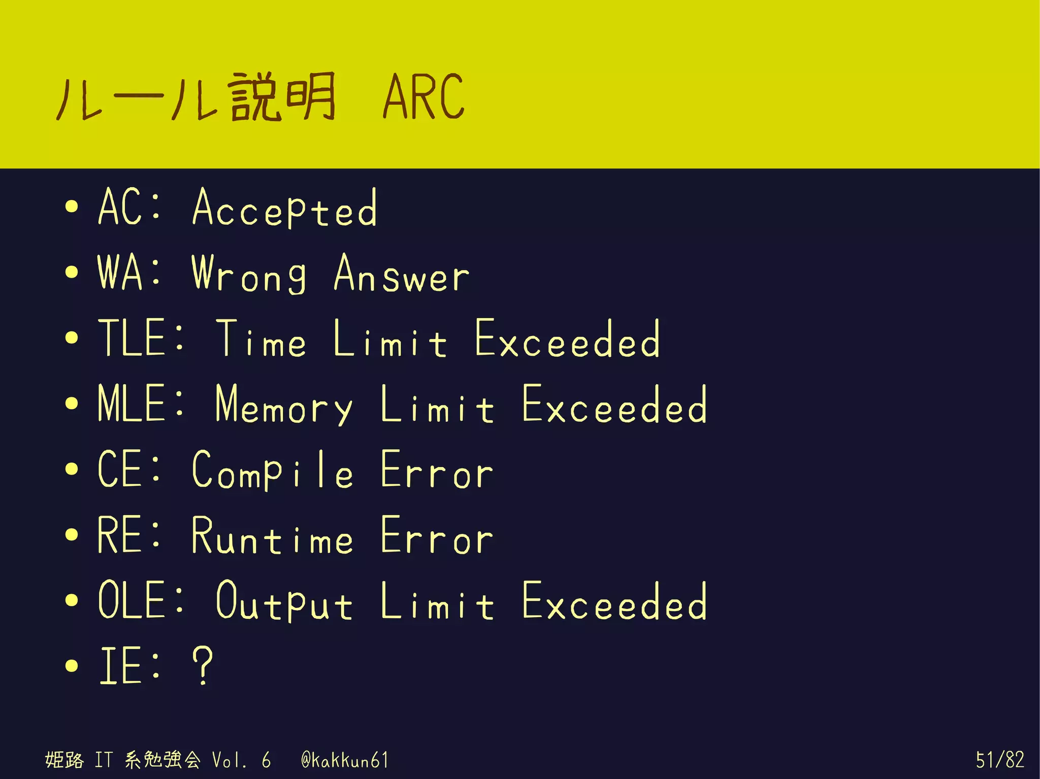 ルール説明 ARC
 ●   AC: Accepted
 ●   WA: Wrong Answer
 ●
     TLE: Time Limit Exceeded
 ●   MLE: Memory Limit Exceeded
 ●
     CE: Compile Error
 ●
     RE: Runtime Error
 ●
     OLE: Output Limit Exceeded
 ●   IE: ?
姫路 IT 系勉強会 Vol. 6   @kakkun61     51/82
 