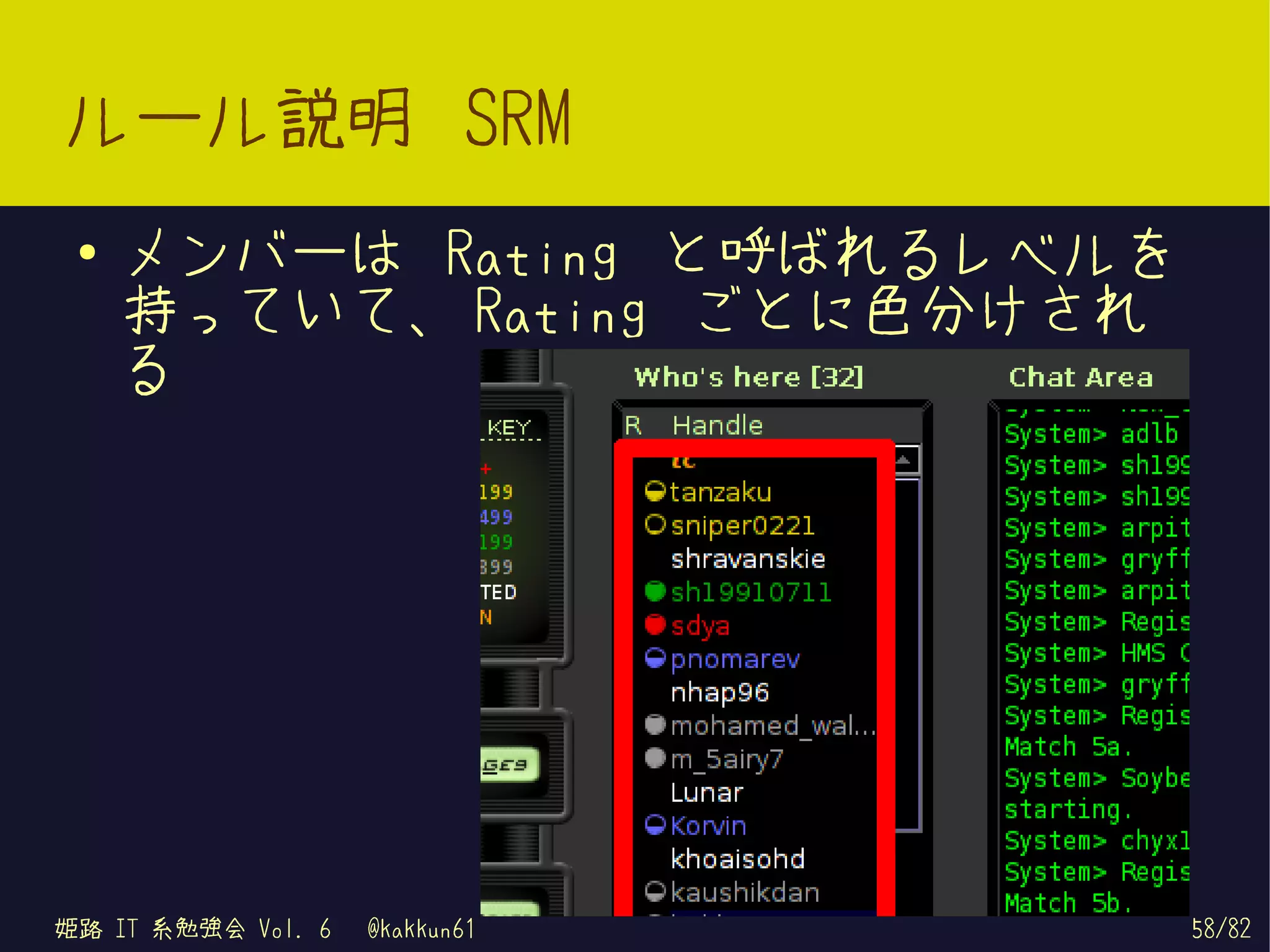 ルール説明 SRM
 ●   メンバーは Rating と呼ばれるレベルを
     持っていて、 Rating ごとに色分けされ
     る




姫路 IT 系勉強会 Vol. 6   @kakkun61   58/82
 