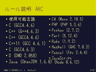 ルール説明 ARC
 ●   使用可能言語            ● C# (Mono 2.10.5)


                       ● PHP (PHP 5.3.6)
 ●   C (GCC4.4.6)
                       ● Python (2.7.2)
 ●
     C++ (G++4.6.3)
                       ● Perl (5.12.4)
 ●   C++ (GCC4.4.6)
                       ● Ruby (1.9.2)
 ●
     C++11 (GCC 4.6.1)
                       ● Haskell (GHC 7.0.3)
 ●
     C (GCC4.6.3)      ● Pascal (fpc 2.4.4)
 ●
     D (DMD 2.058)     ● JavaScript

 ●   Java (OpenJDK 1.6.0) (Node 0.6.12)
姫路 IT 系勉強会 Vol. 6   @kakkun61                  47/82
 